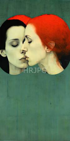 High Resolution: Oil painting John William Waterhouse depicting two women profile kissing through heart-shaped cutout teal background subtle vertical lines download. | HRJPG.com