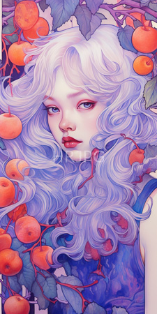 High Resolution: Ethereal young woman pale skin flowing wavy white hair surrounded by vibrant orange cherries green leaves purple background download. | HRJPG.com