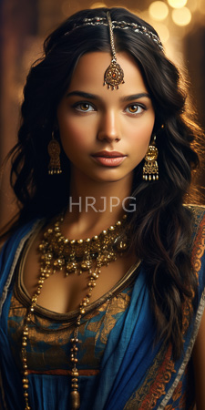 High Resolution: Attractive South Asian woman long wavy black hair medium brown skin traditional Indian attire rich blue fabric gold patterns download. | HRJPG.com