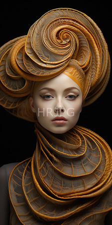 High Resolution: Ethereal woman pale skin delicate features intricate orange shell-like headgear spiraling upwards elaborate patterns matching shells wrap download. | HRJPG.com