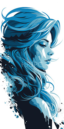 High Resolution: Ethereal blue-toned woman flowing hair profile view white background eyes closed lips slightly parted calmness contemplation download. | HRJPG.com