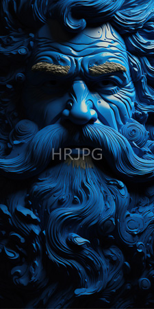 High Resolution: Intricately carved blue-toned wooden face resembling an elderly man flowing hair beard detailed textures furrowed brow thick mustache download. | HRJPG.com