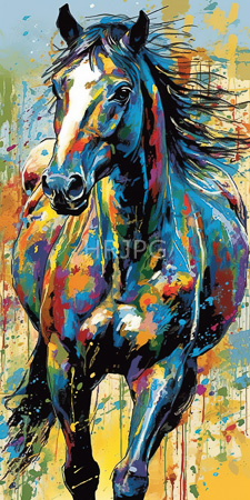 High Resolution: Abstract colorful digital painting galloping horse vibrant splashes drips blue red yellow green on its muscular form download. | HRJPG.com