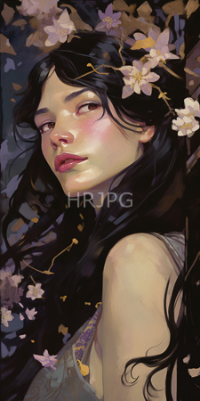 High Resolution: Asian woman long flowing black hair adorned by pink cherry blossoms fair skin rosy cheeks subtle makeup full lips download. | HRJPG.com