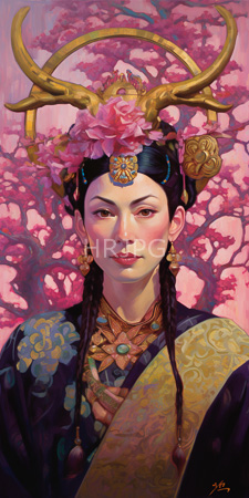 High Resolution: Asian woman fair skin dark braided hair adorned in gold pink flowers ornate golden antlers resembling deer horns download. | HRJPG.com