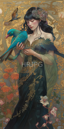 High Resolution: Ethereal fair-skinned woman black wavy hair adorned by flowers leaves off-shouldered dark green gown gold patterns vibrant blue bird download. | HRJPG.com