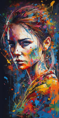 High Resolution: Intense young woman light skin brown hair in ponytail face splattered vivid colors reds blues yellows abstract paint strokes download. | HRJPG.com