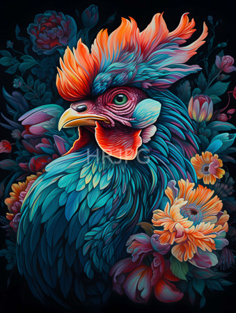High Resolution: Intricately detailed rooster vibrant multicolored feathers shades of blue red orange green dark floral background blooming flowers download. | HRJPG.com