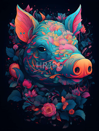 High Resolution: Intricately detailed pig's head adorned with vibrant floral patterns shades of blue pink orange teal dark background download. | HRJPG.com
