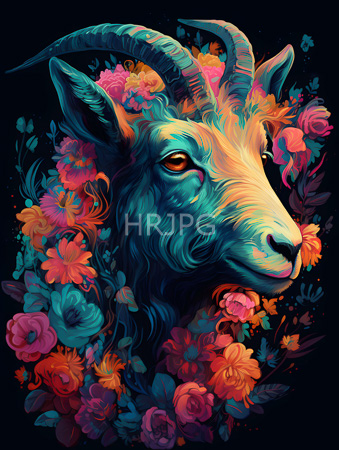 High Resolution: Intricately detailed colorful goat's head curved horns vibrant pink orange flowers dark background teal fur expressive amber eyes download. | HRJPG.com