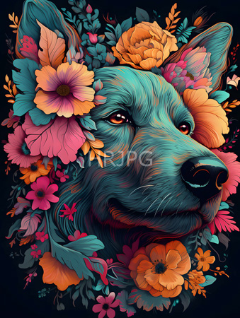 High Resolution: Anthropomorphic wolf's head adorned with vibrant colorful flowers roses daisies pink orange yellow dark blue background intricate fur texture download. | HRJPG.com
