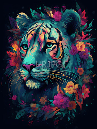High Resolution: Anthropomorphic tiger's head vibrant turquoise pink hues black stripes dark background colorful flowers red orange yellow on leaves download. | HRJPG.com