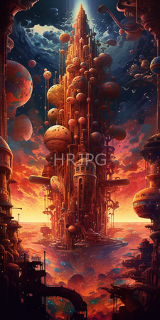 High Resolution: Elaborate towering futuristic cityscape spherical cylindrical structures warm orange-red hues vibrant sunset sky floating planets industrial buildings download. | HRJPG.com