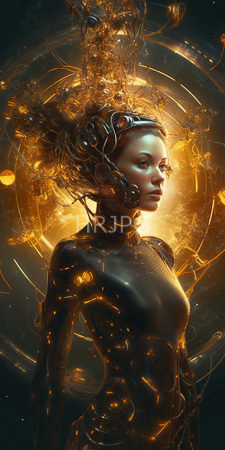 High Resolution: Ethereal futuristic woman glowing golden energy swirling around her head body pale skin metallic textures torso armor download. | HRJPG.com