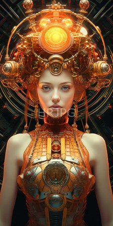 High Resolution: Ethereal pale-skinned woman blue eyes intricate golden orange steampunk headgear glowing orbs delicate features mechanical gears circuits download. | HRJPG.com