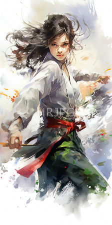 High Resolution: Asian woman long flowing black hair mid-action pose traditional martial arts attire white gi top green hakama pants download. | HRJPG.com