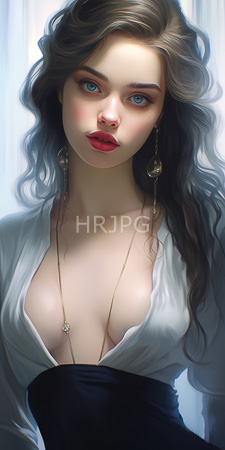 High Resolution: Ethereal fair-skinned woman wavy brown hair striking blue eyes gazing forward red lipstick gold earrings golden necklace cleavage download. | HRJPG.com