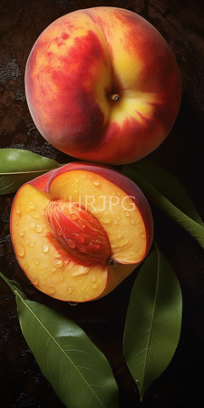 High Resolution: Two ripe peaches dark textured background one whole peach red yellow gradient skin halved below juicy orange flesh download. | HRJPG.com