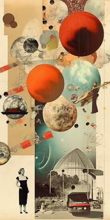High Resolution: Eclectic collage-style artwork various elements layered vertically beige brown tones red accents large spheres different colors overlap download. | HRJPG.com