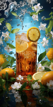 High Resolution: Amber-colored glass filled with ice lemonade garnished by two thin slices yellow citrus fruit surrounded by white flowers green leaves download. | HRJPG.com