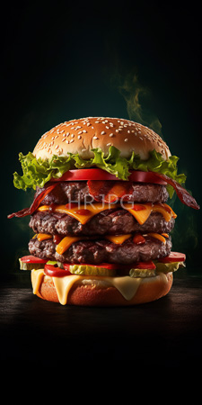 High Resolution: Elaborate multi-layered cheeseburger dark background sesame seed bun lettuce tomato slices two beef patties melted cheddar crispy bacon download. | HRJPG.com