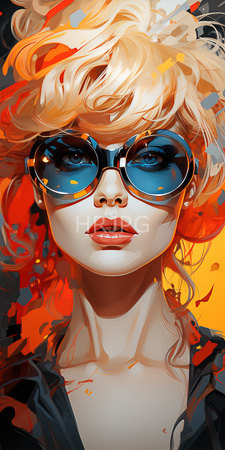High Resolution: Attractive woman wavy blonde hair large blue-tinted sunglasses red lipstick vibrant orange-red abstract background confident yet calm download. | HRJPG.com