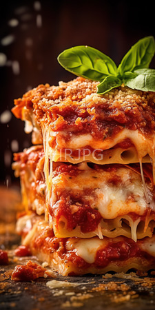 High Resolution: Stacked cheesy lasagna melted mozzarella tomato sauce oozing between layers topped by fresh green basil leaves rustic wooden surface download. | HRJPG.com