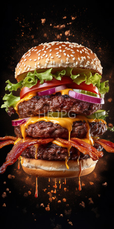 High Resolution: Elaborate towering cheeseburger black background splattering crumbs oil droplets sesame seed bun three beef patties melted cheddar sauce download. | HRJPG.com