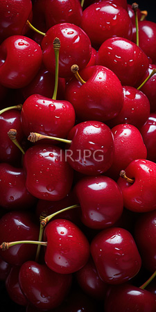 High Resolution: Numerous vibrant red cherries glossy surfaces small green stems dotted lightly with water droplets fill most of an indistinct black background download. | HRJPG.com