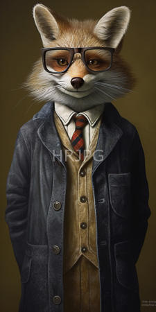 High Resolution: Anthropomorphic fox realistic fur texture large black-rimmed glasses vintage attire beige vest white shirt red-and-black striped tie download. | HRJPG.com