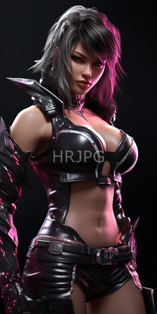 High Resolution: Attractive muscular woman dark gray hair pink highlights black leather armor reveals midriff large breasts sharp shoulder spikes download. | HRJPG.com