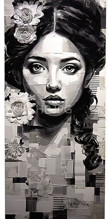 High Resolution: Grayscale ethereal young woman large eyes full lips looking directly dark hair loose curls adorned by roses download. | HRJPG.com