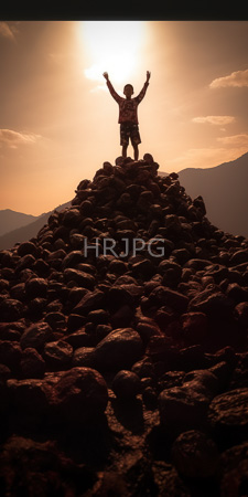 High Resolution: Silhouetted person raised arms standing atop large rocky hill at sunset wearing patterned shirt and shorts sun directly behind head download. | HRJPG.com