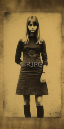 High Resolution: Sepia-toned young woman straight shoulder-length blonde hair bangs dark long-sleeve turtleneck dress pregnant belly knee-high socks download. | HRJPG.com