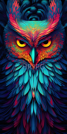 High Resolution: Owl's face vibrant intricate feather patterns shades of blue red orange green yellow purple dark background eyes glow download. | HRJPG.com