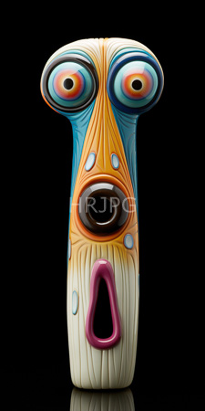 High Resolution: Abstract colorful wooden mask exaggerated features black background large circular eyes blue orange hues small central hole download. | HRJPG.com