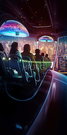 High Resolution: Illuminated futuristic observation pod neon-lit seats large windows displaying vibrant cityscape at night passengers sit in rows download. | HRJPG.com