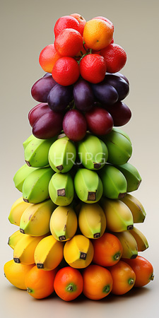High Resolution: Elaborate fruit pyramid beige background layers from top to bottom vibrant colors red oranges at peak purple plums download. | HRJPG.com