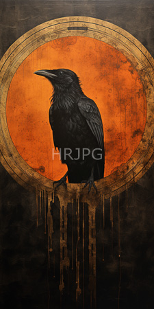High Resolution: Black crow detailed feathers perched on an abstract golden ring textured orange background worn paper aged canvas download. | HRJPG.com