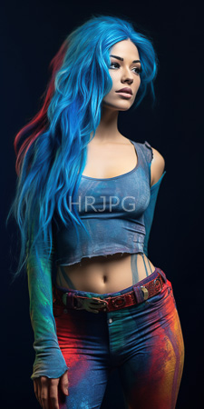 High Resolution: Attractive young woman long vibrant blue hair red highlights dark background colorful tie-dye pants black underwear distressed gray crop top download. | HRJPG.com