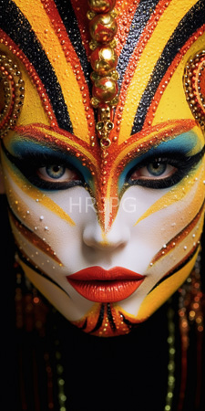 High Resolution: Intricately painted face resembling Venetian carnival makeup vibrant yellow red patterns on white skin eye area bold black eyeliner download. | HRJPG.com