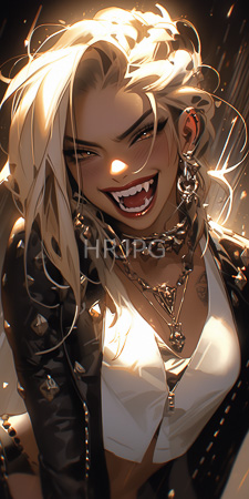 High Resolution: Angry blonde-haired woman light skin sharp features fangs visible in her snarling smile heavy black eyeliner silver earrings download. | HRJPG.com