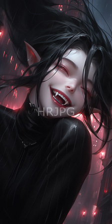 High Resolution: Elven vampire woman pale skin black hair flowing wildly in raindrops pointed ears smiling widely showing sharp fangs download. | HRJPG.com