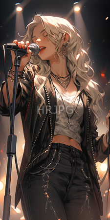High Resolution: Attractive light-skinned woman long wavy platinum blonde hair singing into a microphone on stage under warm spotlights download. | HRJPG.com