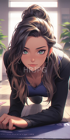 High Resolution: Anime-style young woman long wavy brown hair messy bun green eyes looking intently while on all fours indoors download. | HRJPG.com