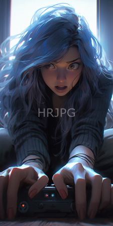 High Resolution: Intense blue-haired anime girl wavy hair large eyes focused on playing video games in dim light dark sweater download. | HRJPG.com