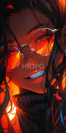 High Resolution: Anime-style portrait attractive young woman dark wavy hair glowing orange-red eyes reflecting light from her round glasses download. | HRJPG.com