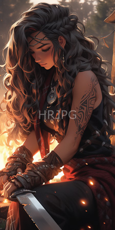 High Resolution: Attractive dark-skinned woman long wavy black hair intricate tribal arm tattoo sitting by firelight leather gloves metal studs download. | HRJPG.com
