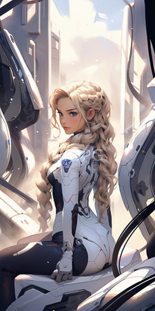 High Resolution: Attractive blonde woman long braided hair white black futuristic bodysuit sitting amidst sleek robotic machinery urban street download. | HRJPG.com