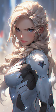 High Resolution: Attractive blonde woman long braided hair blue eyes form-fitting white spacesuit black accents star patterns on her shoulder download. | HRJPG.com
